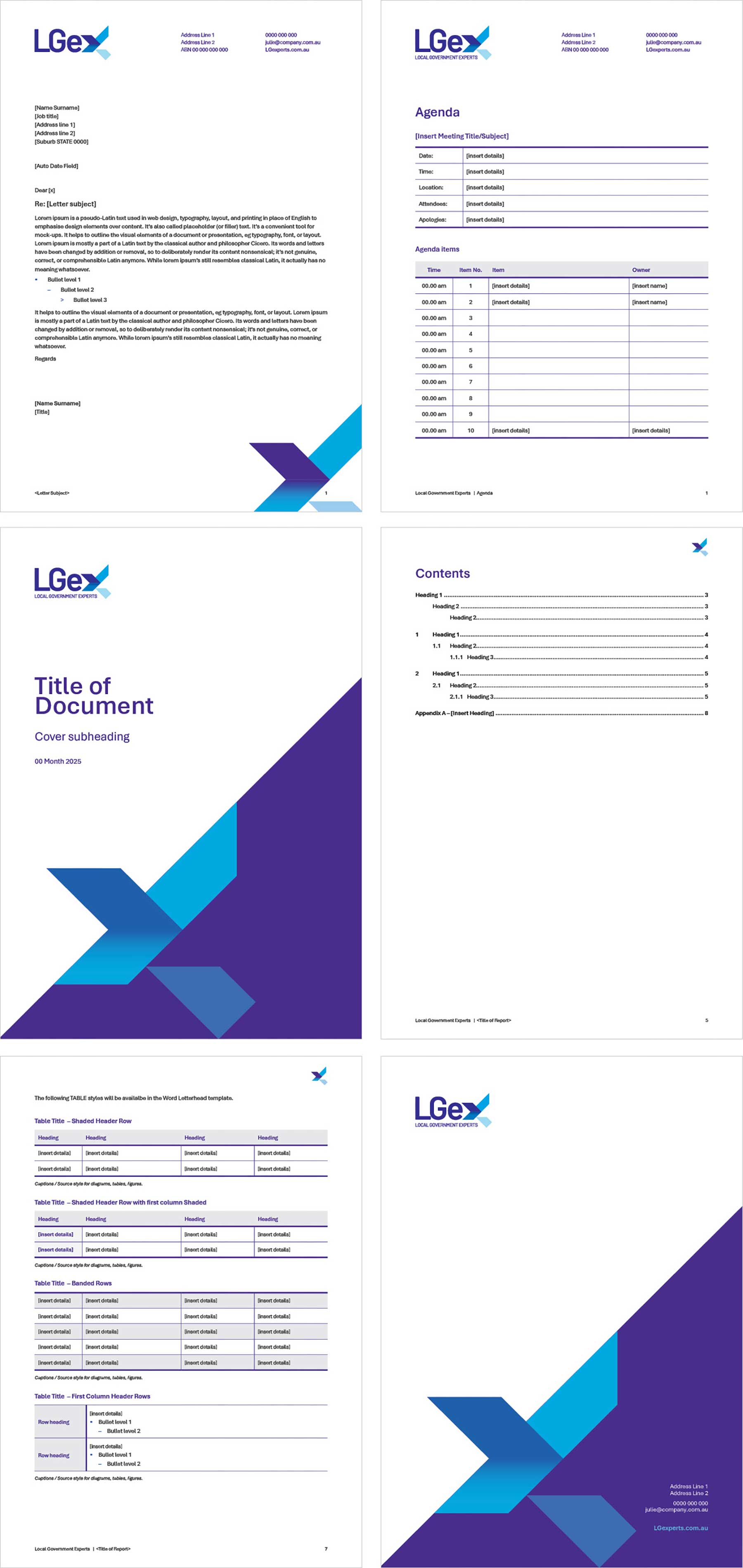 Word Long Report (bottom), Word Letterhead (top left) and Word Agenda (top right).