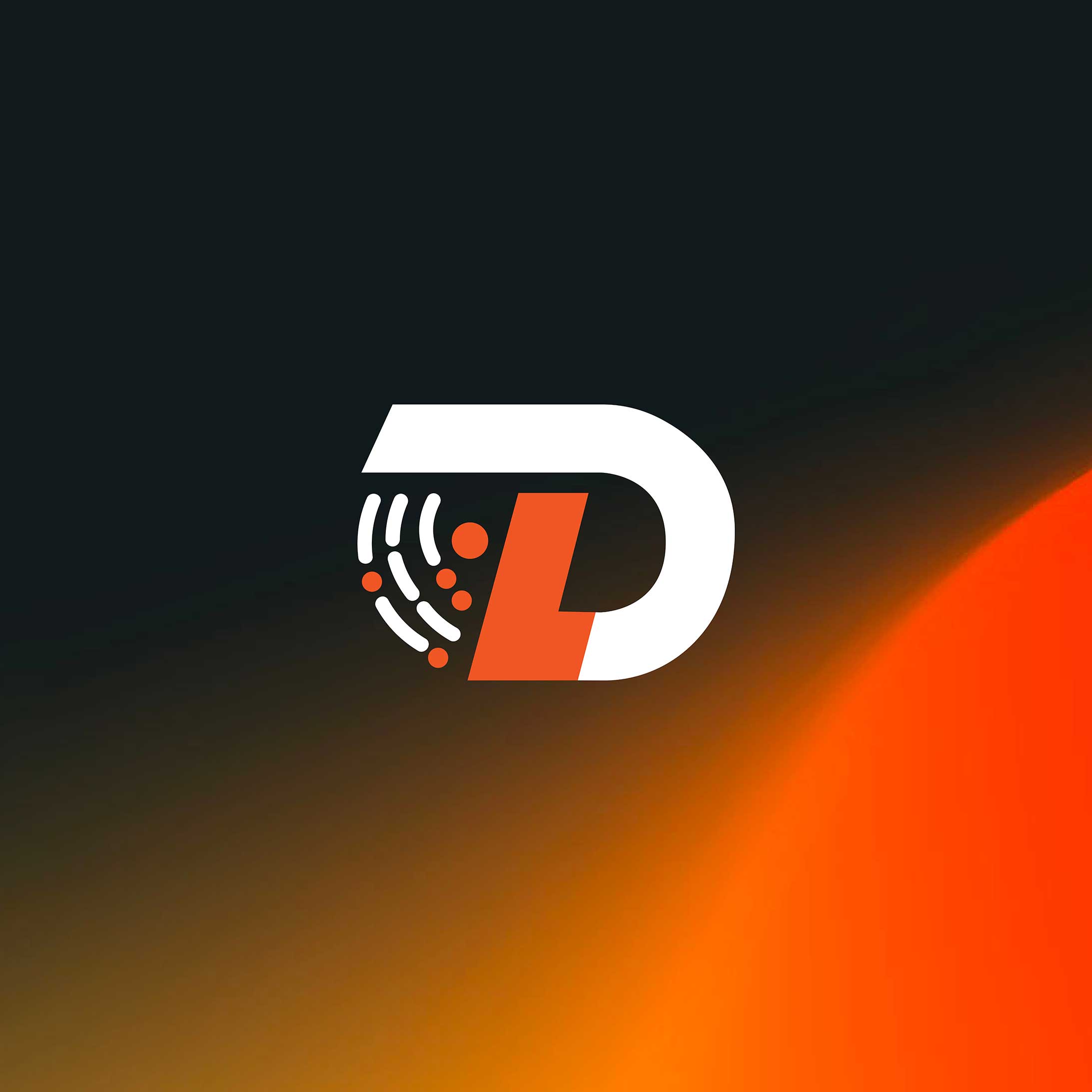 DL logo in the centre of the brand gradient, of orange and black.