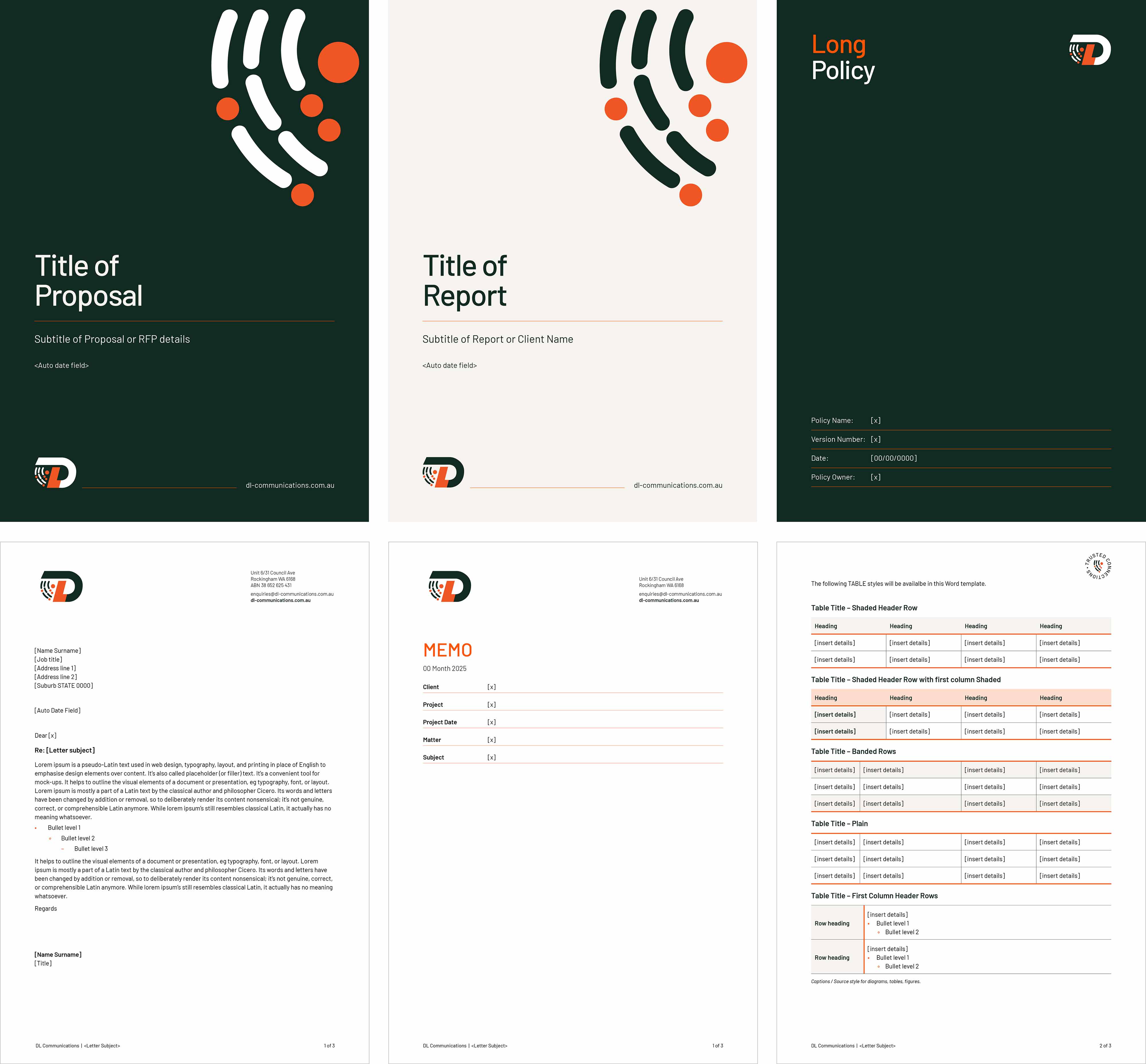 DL Word templates with the proposal, report and policy template front covers on the top row, and letterhead, memo and examples of tables at bottom.