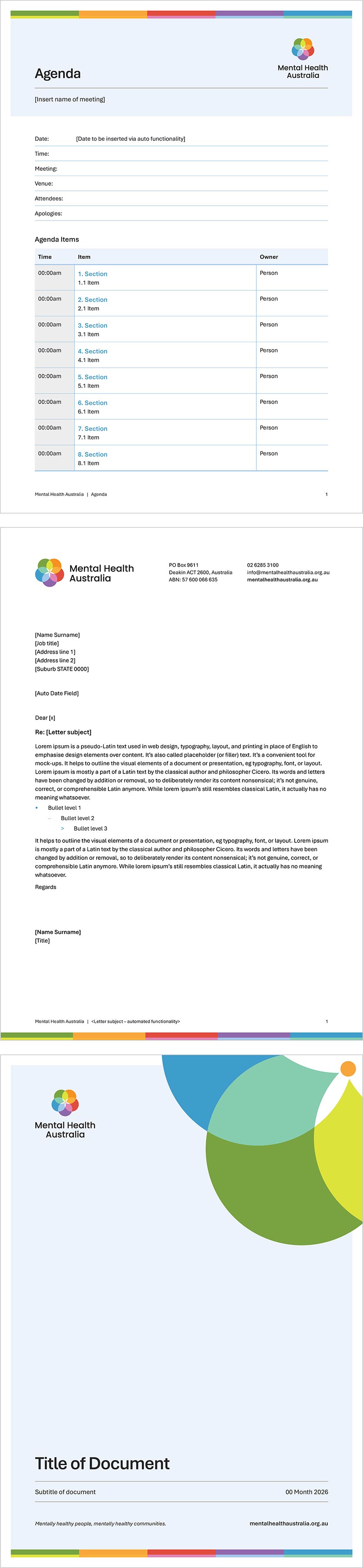 Design examples of Mental Health Australia's three Microsoft Word templates in a vertical row.