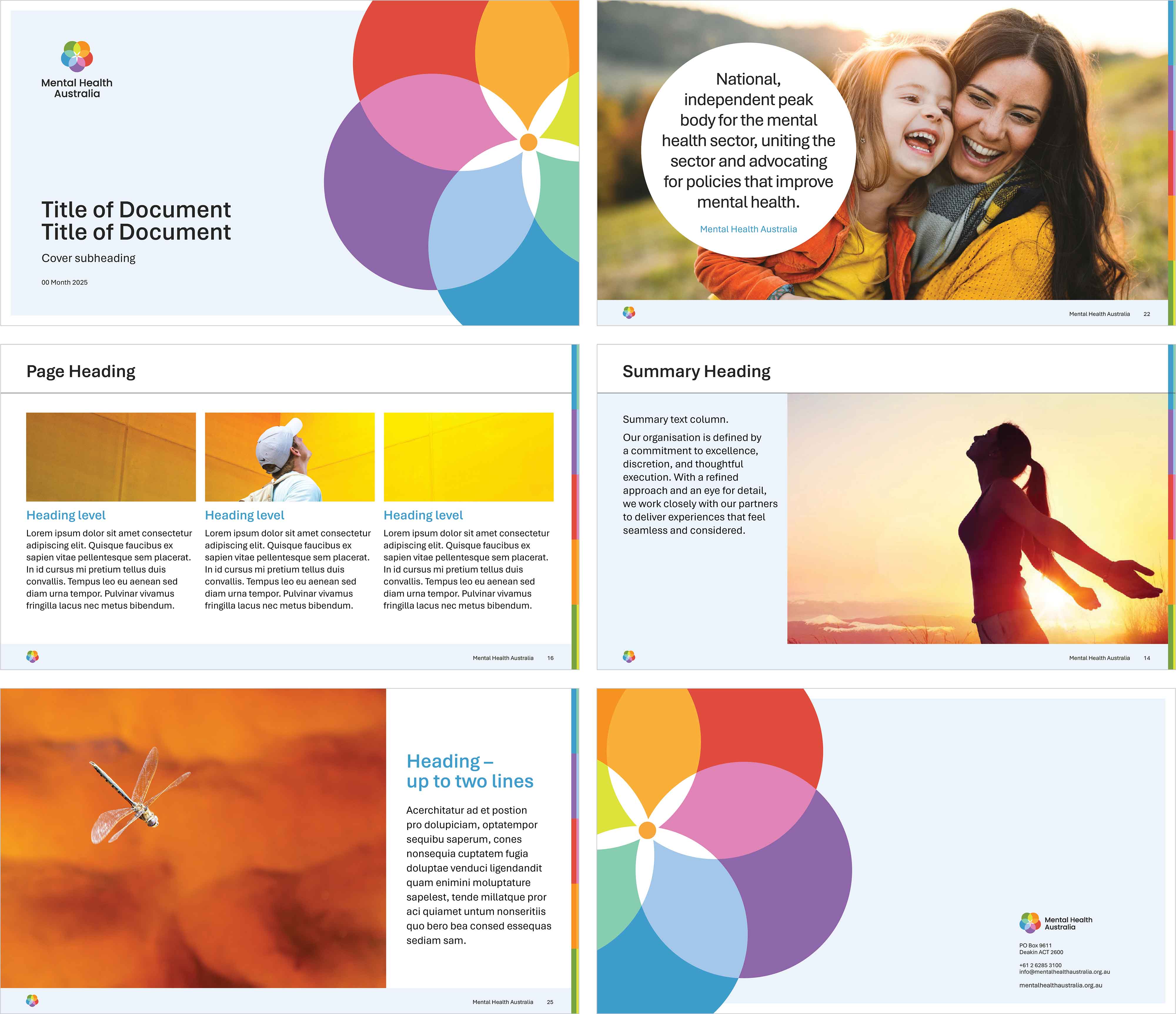 Bright branding of Mental Health Australia for their Microsoft PowerPoint template - 6 pages of design examples.