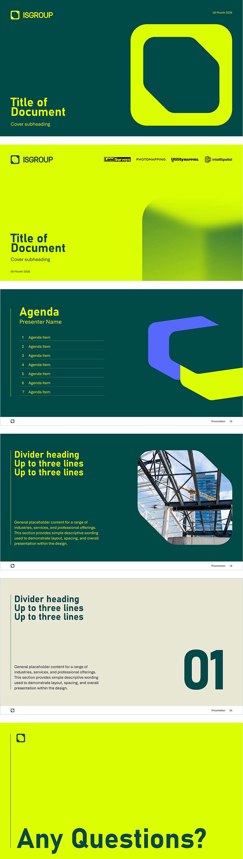 ISGroup PowerPoint templates featuring forest green, hi vis and sand colours throughout. 