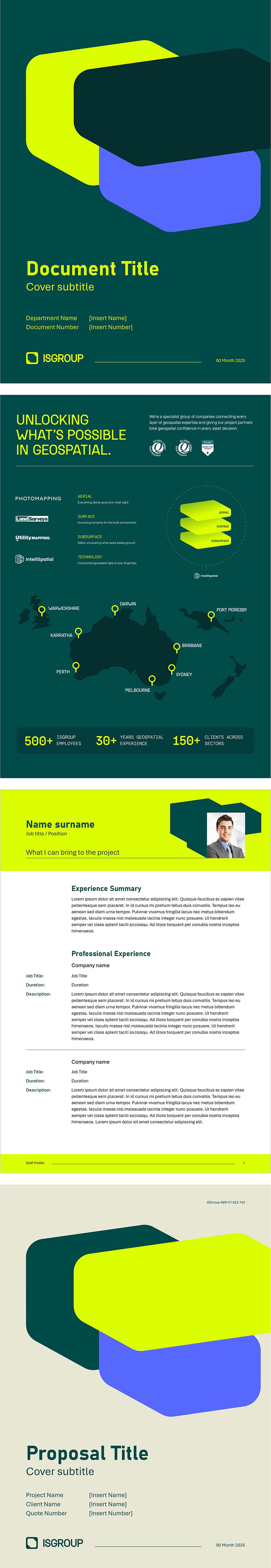 ISGroup Word templates featuring forest green, hi vis and sand colours throughout. 