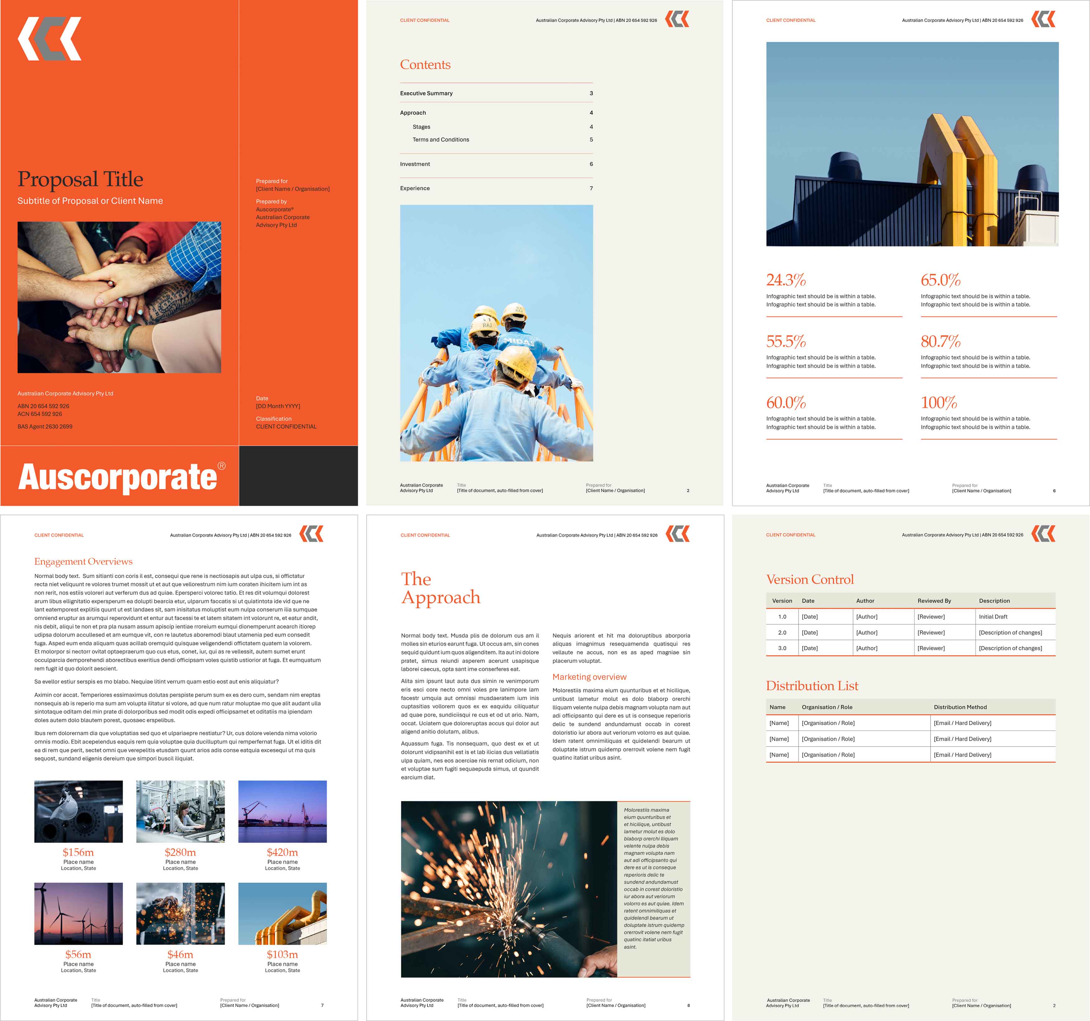 Auscorporate Word template pages with six different layouts.
