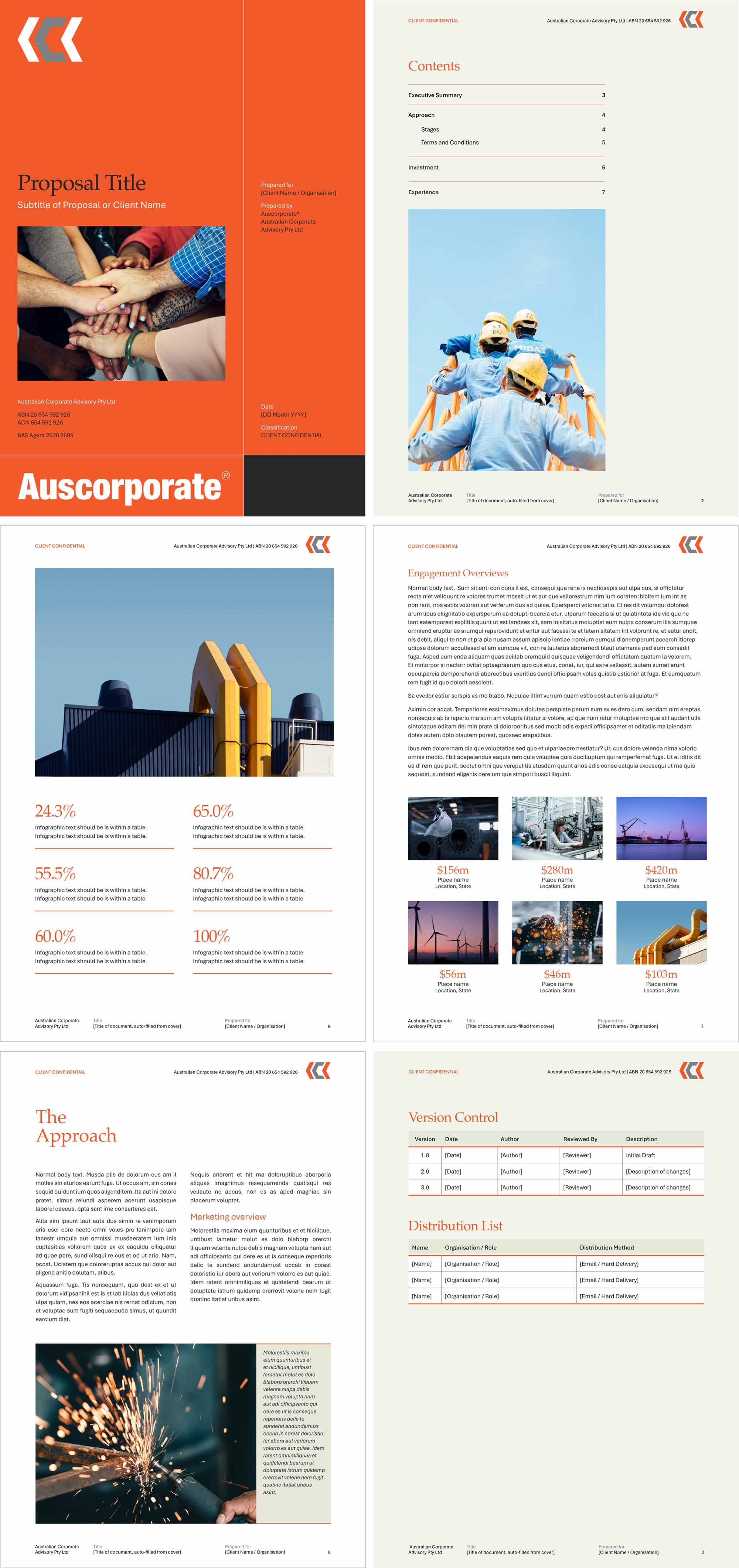 Auscorporate Word template pages with six different layouts.
