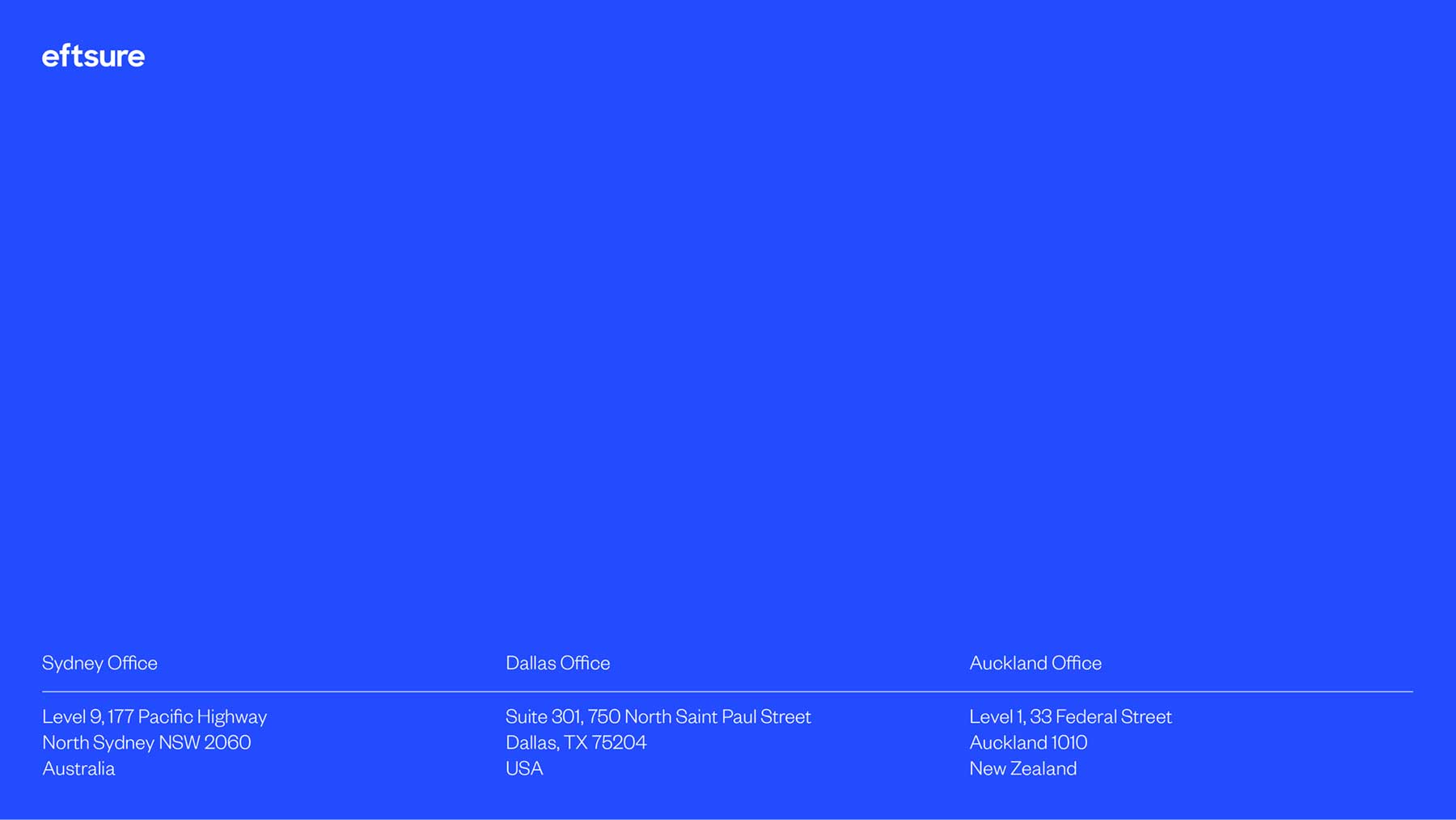 Eftsure PowerPoint slide deck with logo in top left corner and three office addresses at bottom.