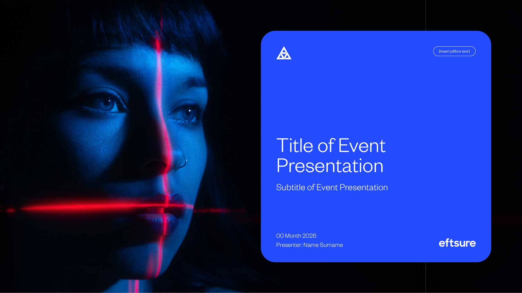 Eftsure PowerPoint slide deck front with an image on the left and a blue round cornered text box containing the logo and heading on the right.