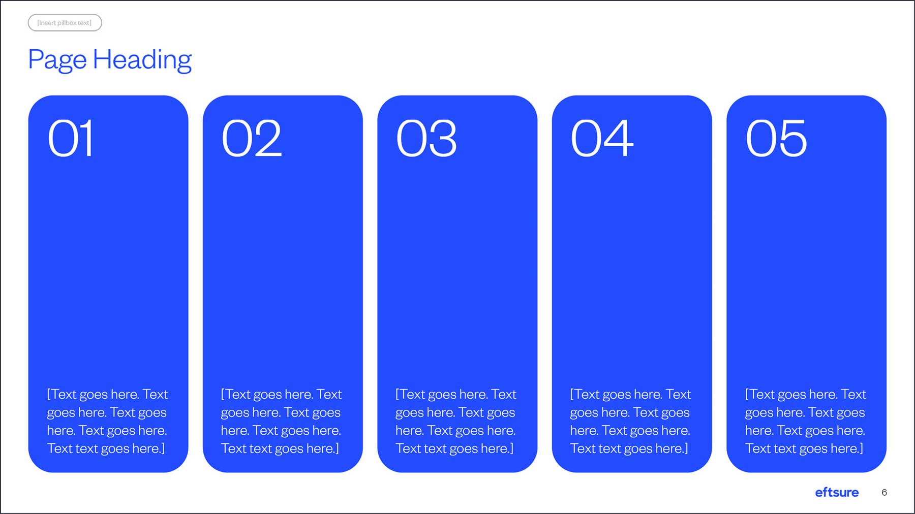 Eftsure PowerPoint slide deck with five numbered boxes with text at the bottom.