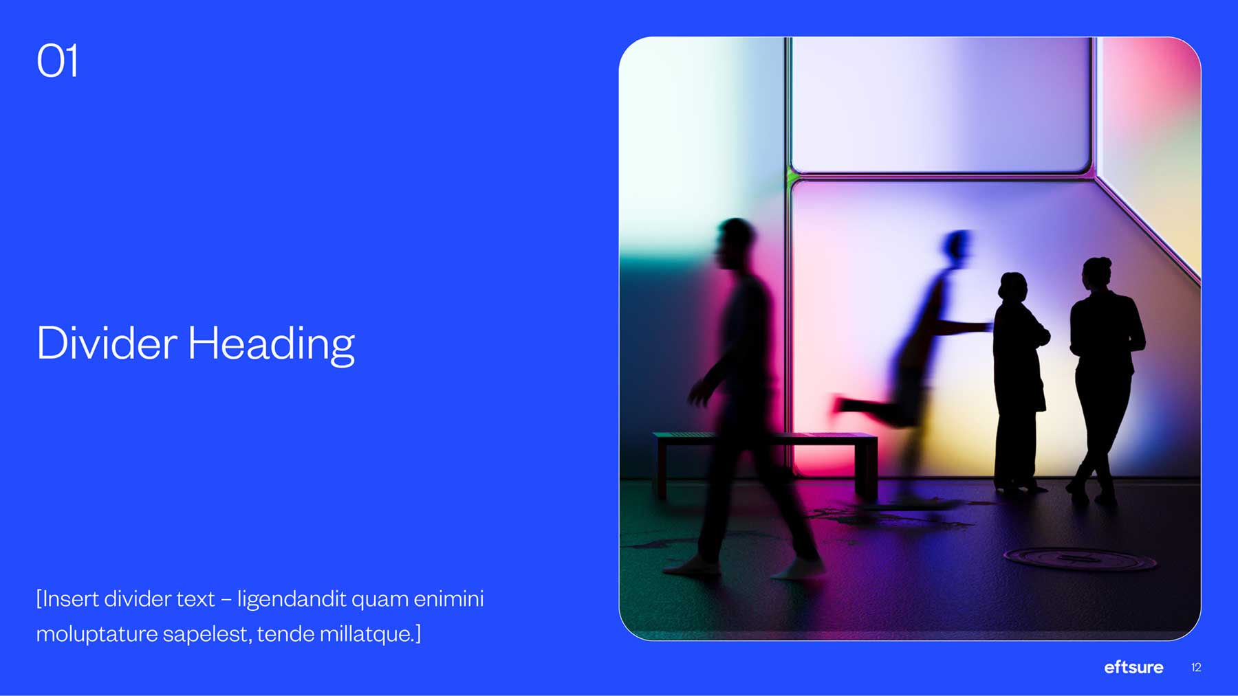 Eftsure PowerPoint slide Divider with image and numbering. Image is a show of silhouetted people.