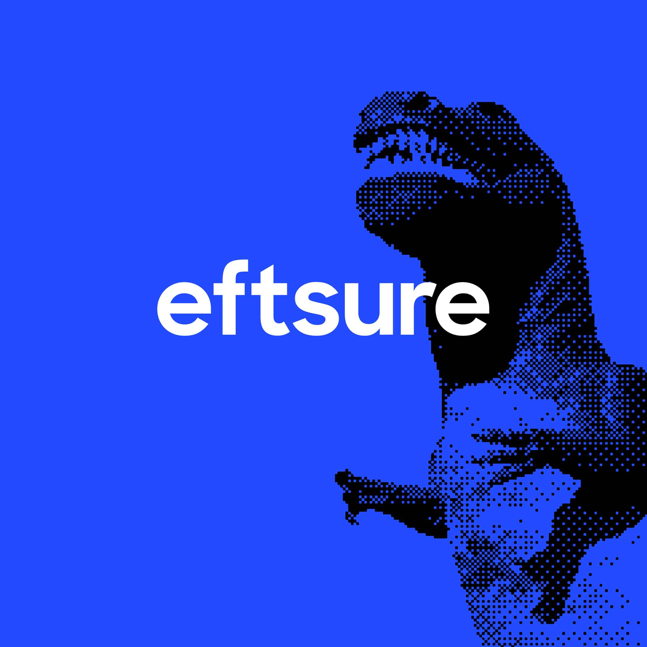 Eftsure logo in white on bright blue background with dinosaur brand graphic.