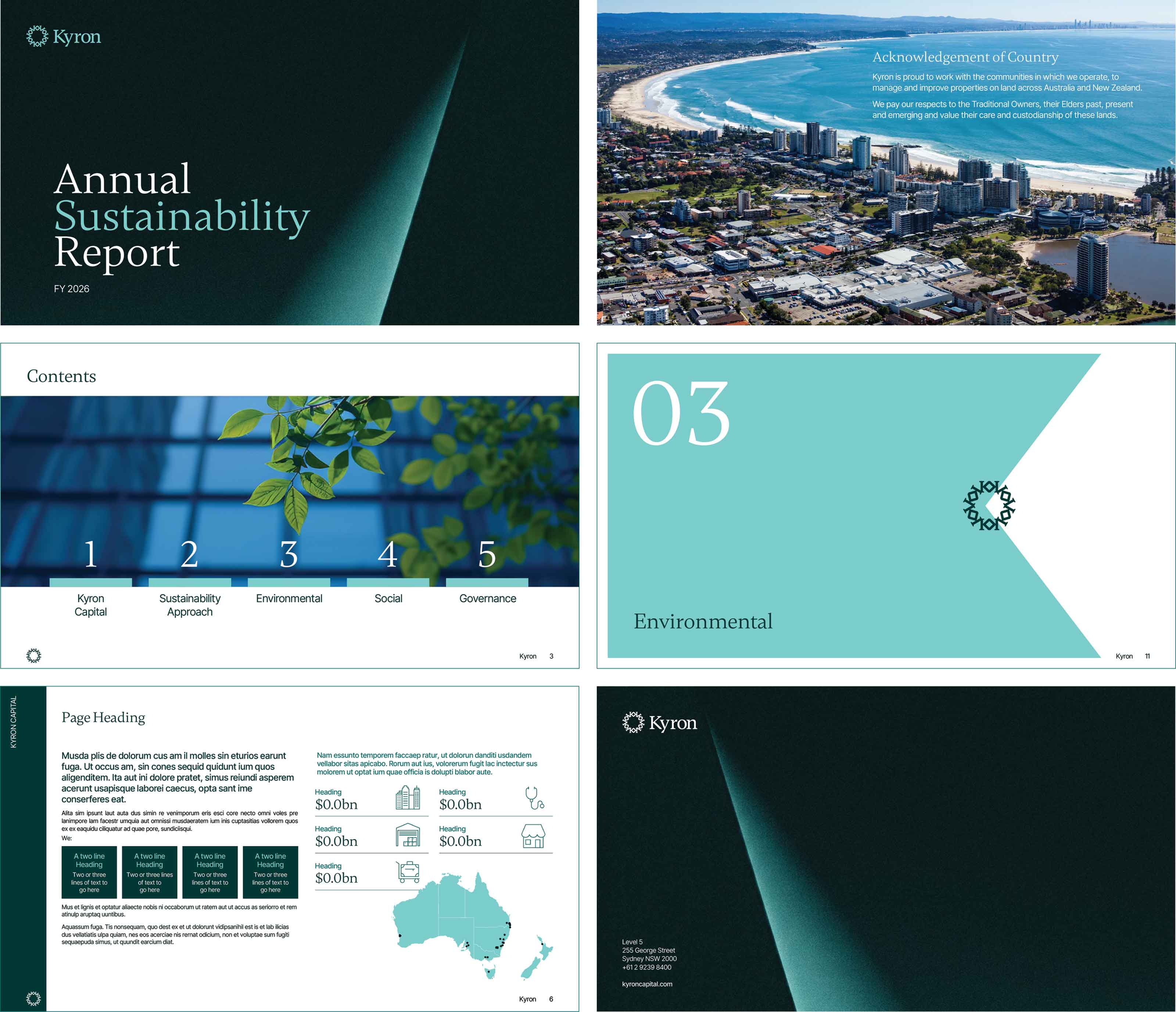 Kyron PowerPoint slides with cover, acknowledgement, divider, contents, data page and back cover.