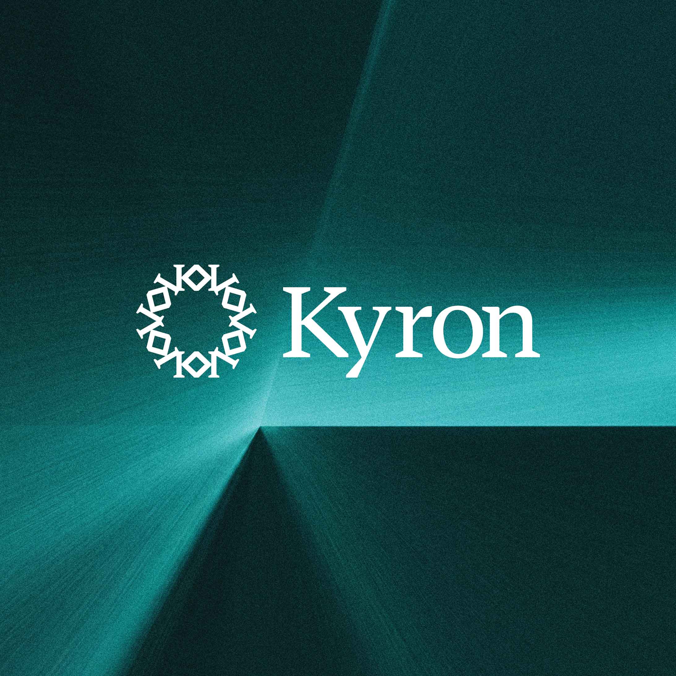 Kyron logo in the centre of a deep forest green brand graphic.