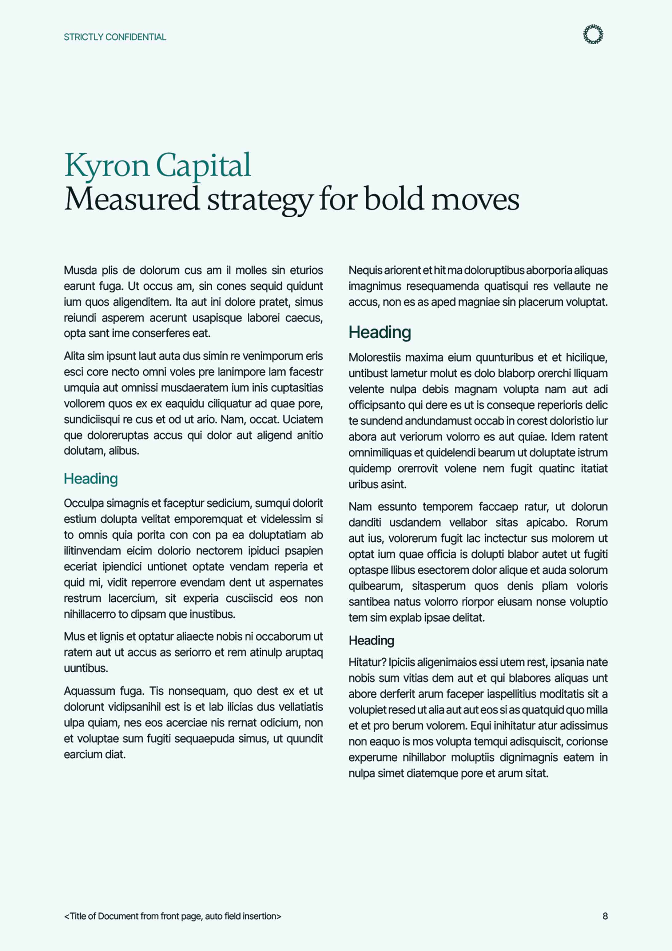 Kyron Word Report template with 2 column text at bottom and 1 column heading with space at the top.