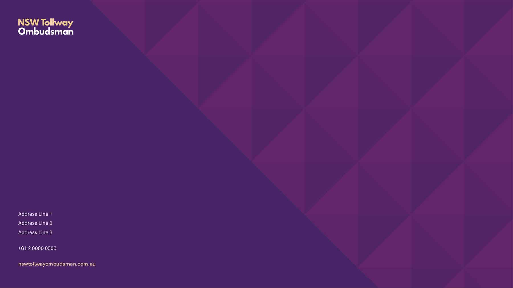 Back page of PowerPoint slide deck with address, logo and the deep purple colour background with pyramid graphics.