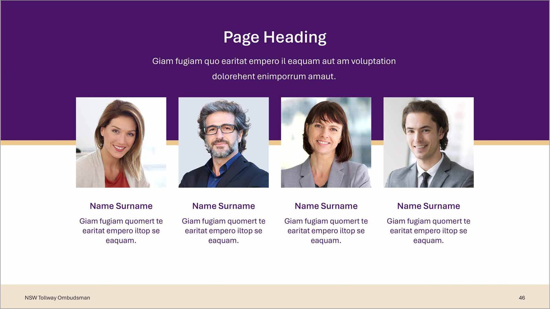 PowerPoint slide design with four faces with short bios underheath.