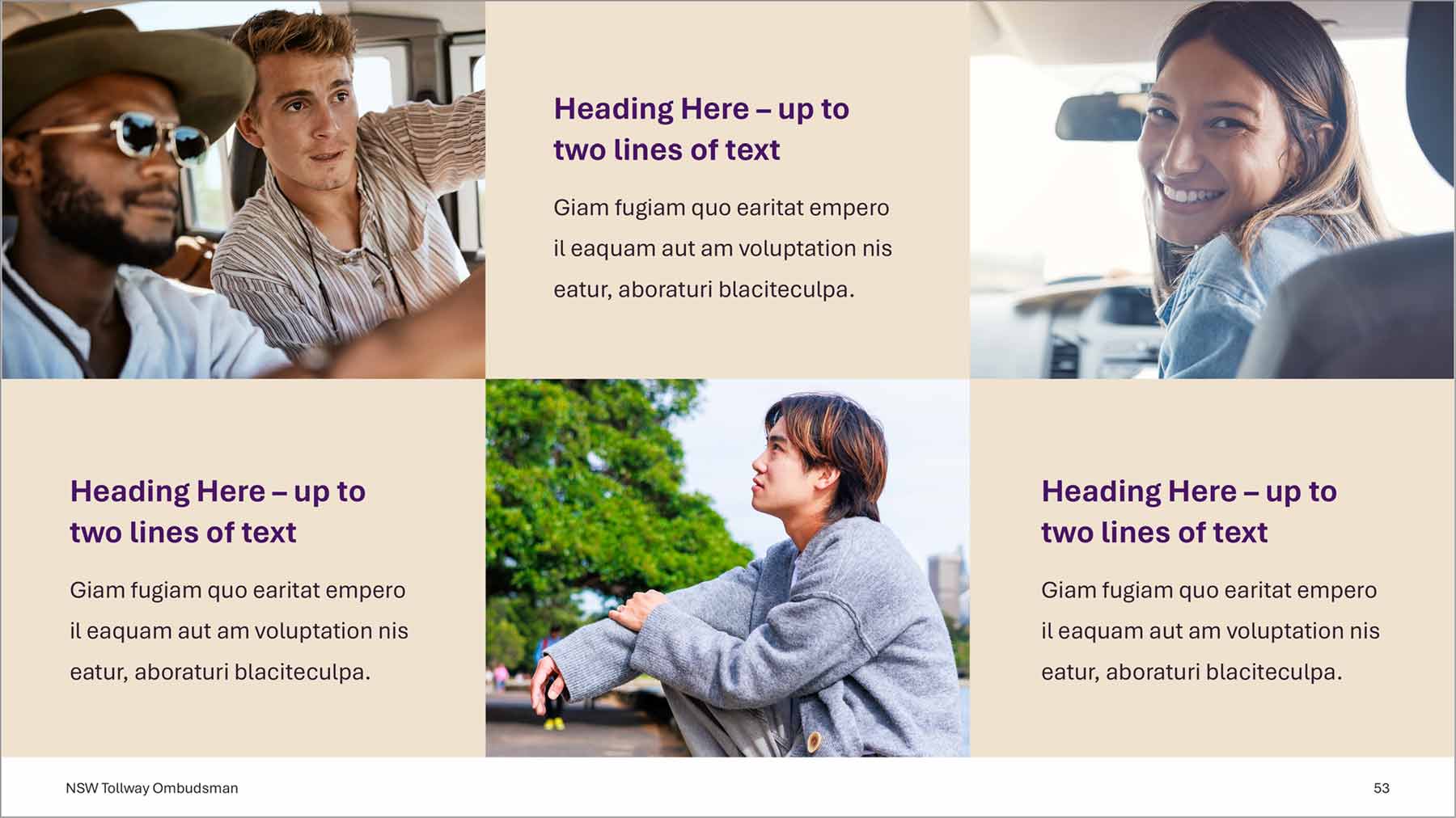 PowerPoint slide in a 3-piece checkerboard fashion with text and images taking up each square.