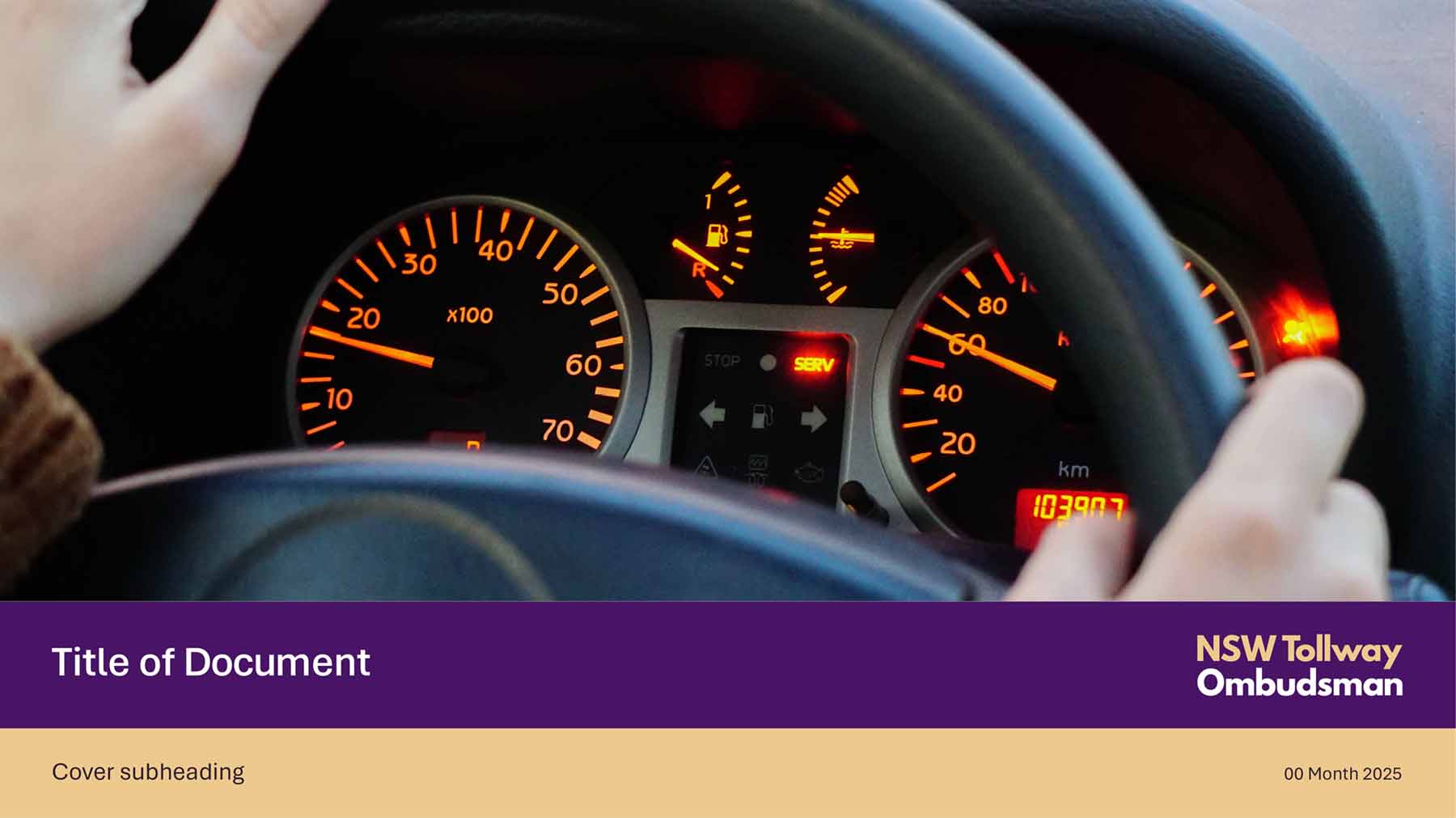 Image of a car's dashboard with hands on the wheel as the top image of this PowerPoint front cover. Dual coloured strips at bottom to contain the logo and title.