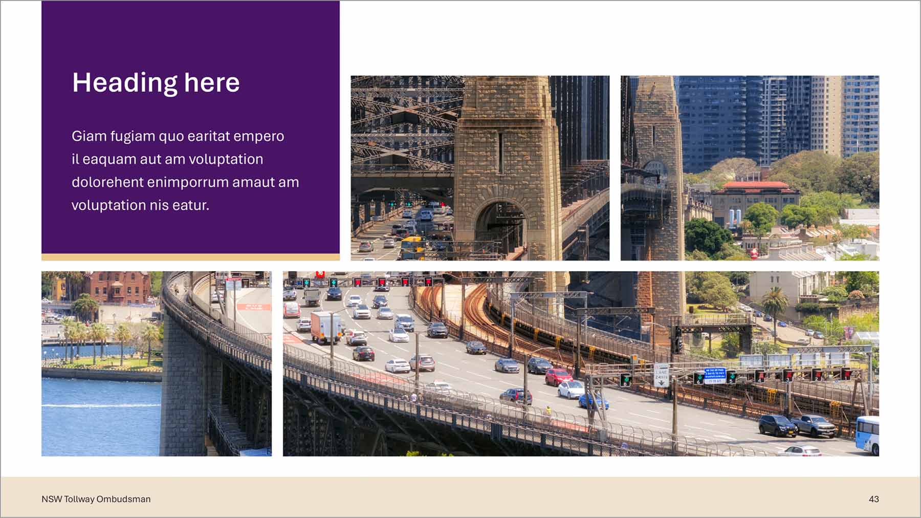 PowerPoint slide with a Sydney traffic image across four image placeholders, and a vertical banner at the top for the text.