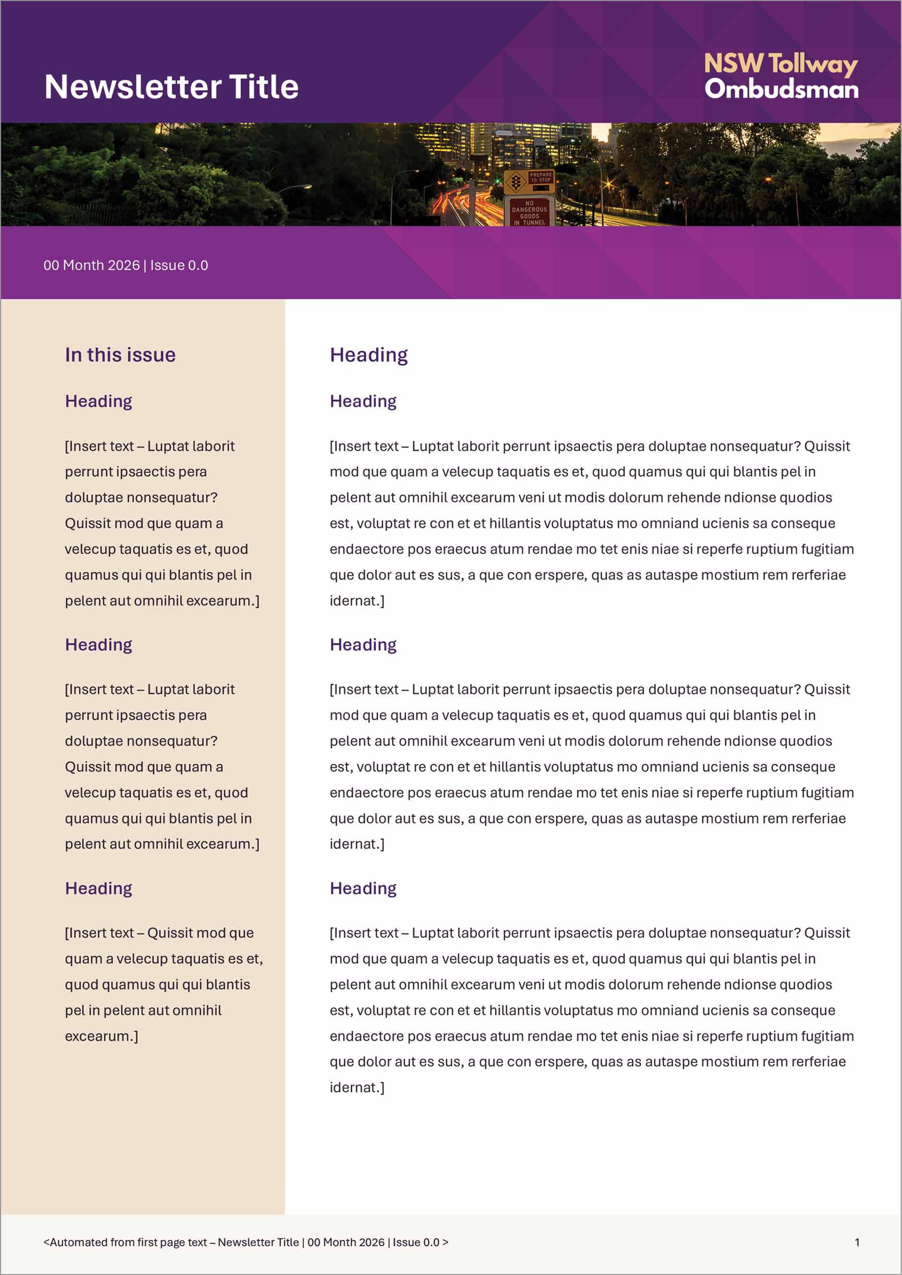 Newsletter Word template front cover with banner at top, feature panel on left and text on right.