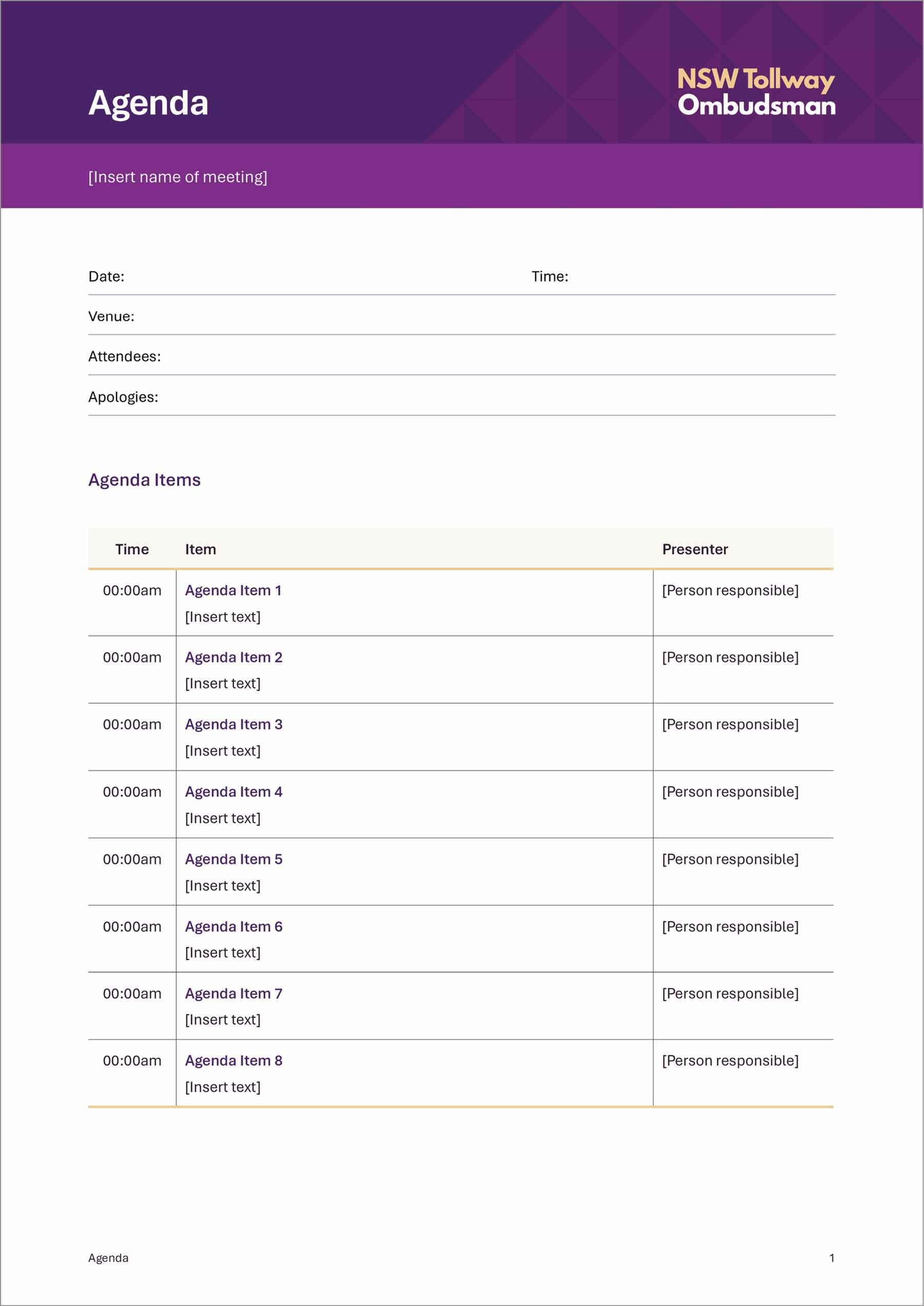 Word Agenda template with banner at top and a table at the bottom.