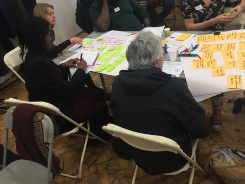 Group of people having a discussion with flipchart paper and colourful post-it notes on the table infront of them