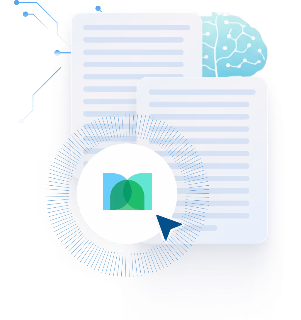 Two overlapping digital documents with blurred text lines and a stylized brain circuit in the background, highlighted by a circular focus with a blue and green overlapping shapes logo and an arrow pointer.