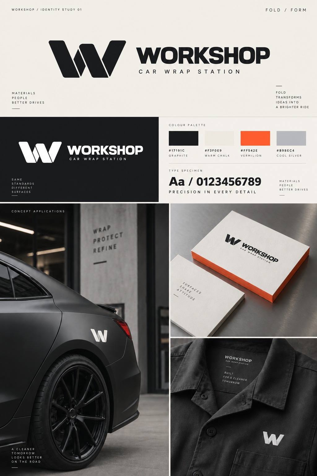 Workshop Car Wrap Station — prezentare identitate vizuală: logo, paletă de culori și aplicații pe mașină, cărți de vizită și îmbrăcăminte