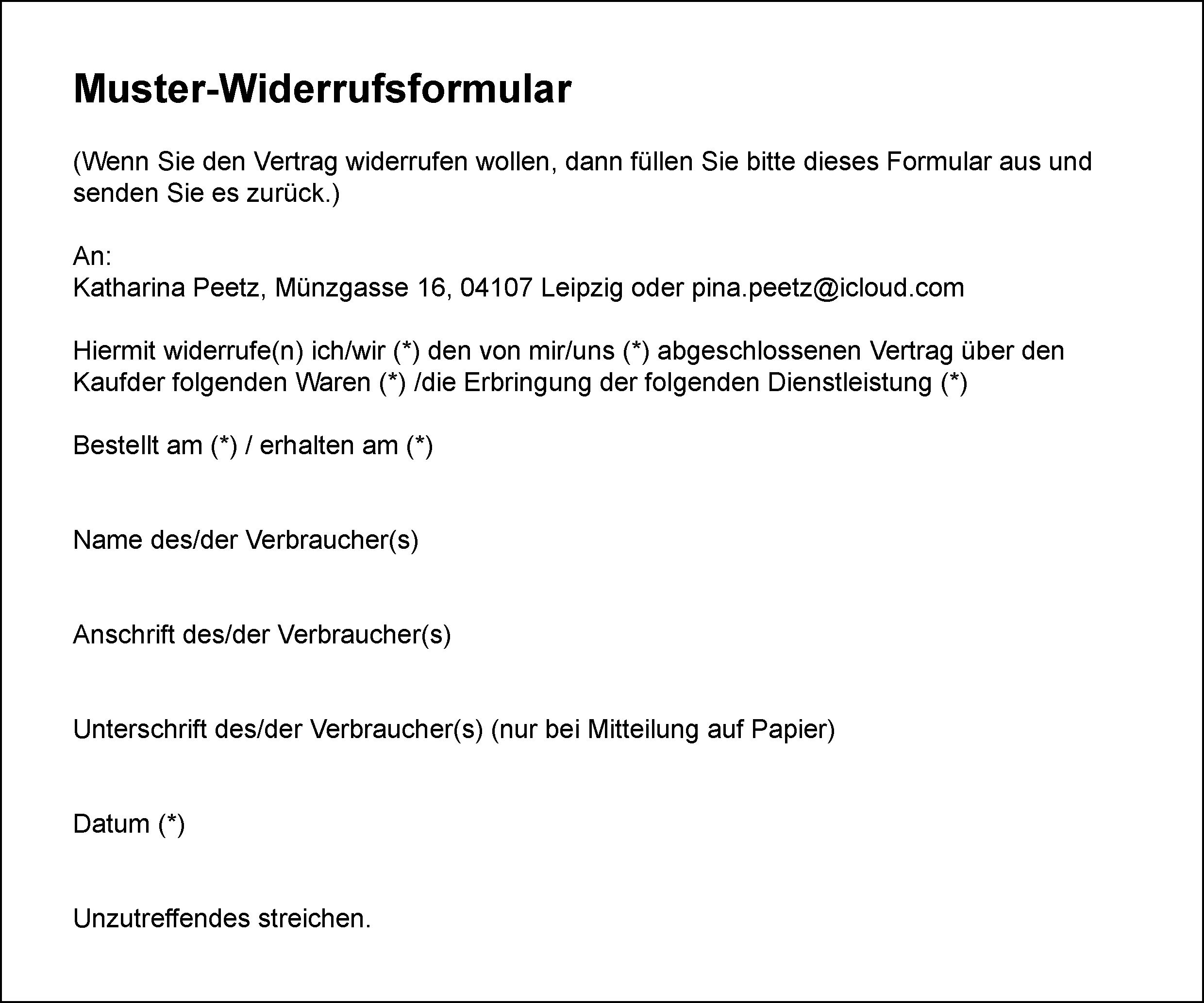 Muster für Widerrufsformular