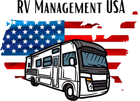 Logo featuring a black and white RV in front of a stylized American flag with blue stars and red stripes, with the text 'RV Management USA' above.