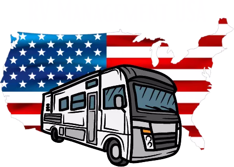 Illustration of a recreational vehicle in front of a United States map filled with the American flag pattern.