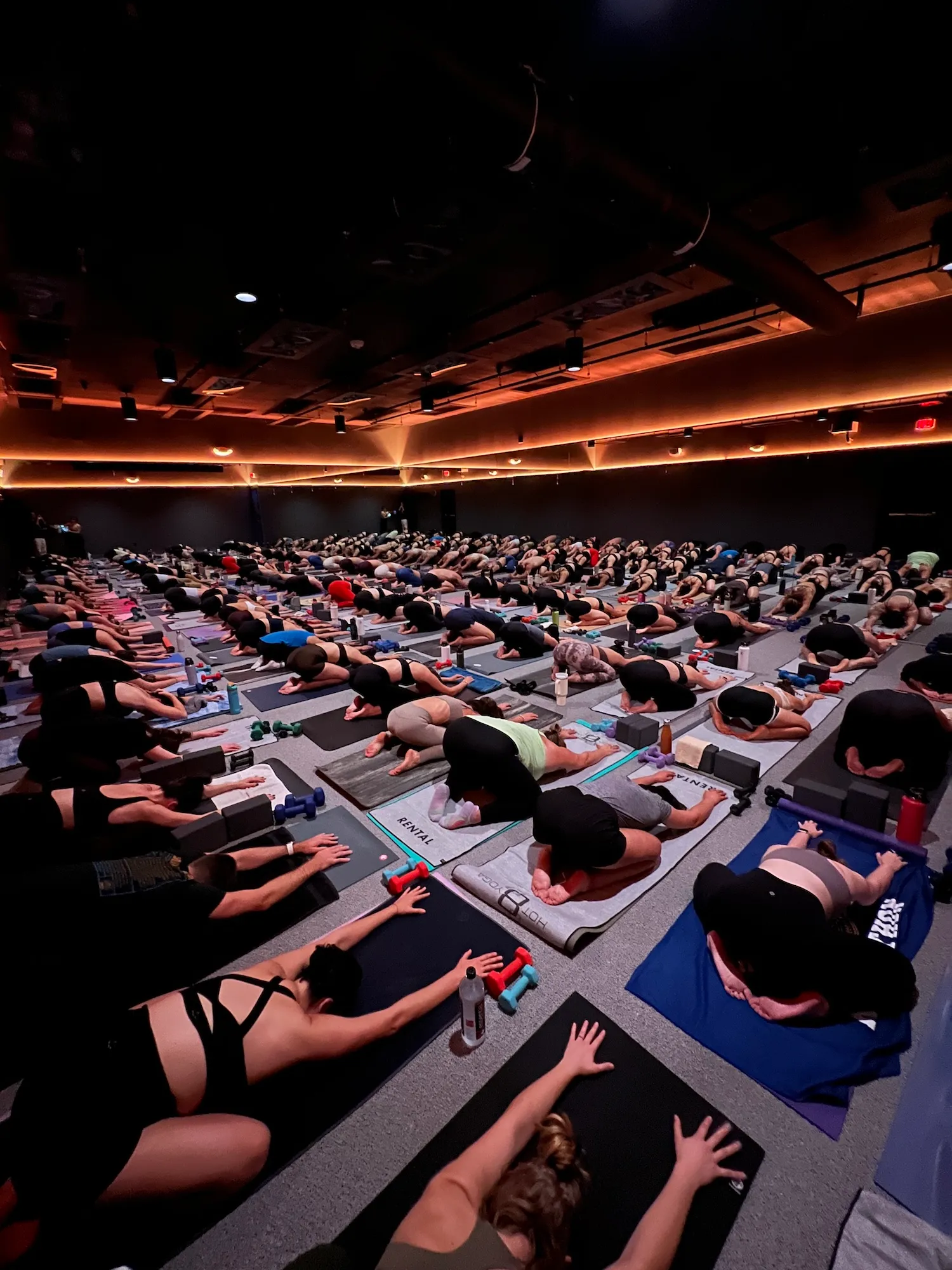 Large group yoga class with participants lying down in dimly lit studio