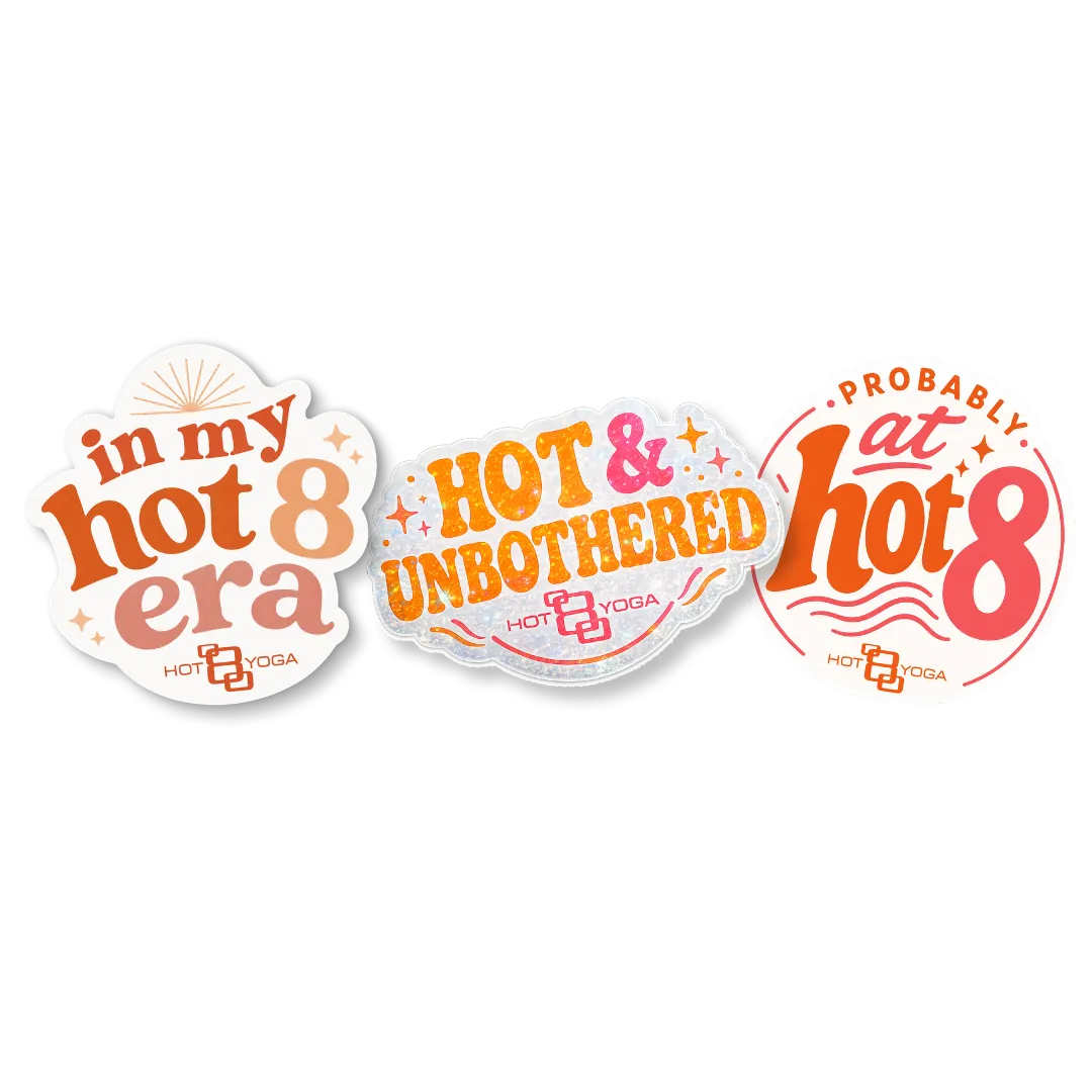 Three colorful Hot 8 Yoga sticker designs in orange, yellow, and red tones