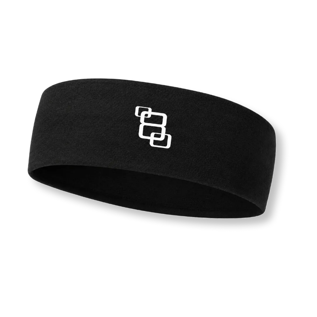 Black athletic headband with white logo on white background