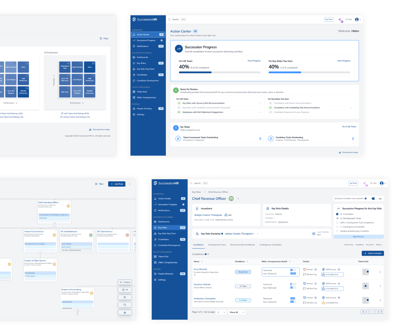 Multiple screenshots of SuccessionHR's platform, including key roles, key role org chart, etc.