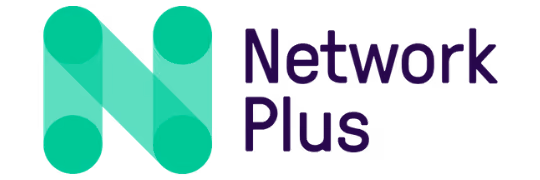 Stylized green letter N composed of overlapping circles and rectangles casting shadows, next to the text 'Network Plus' in dark purple.