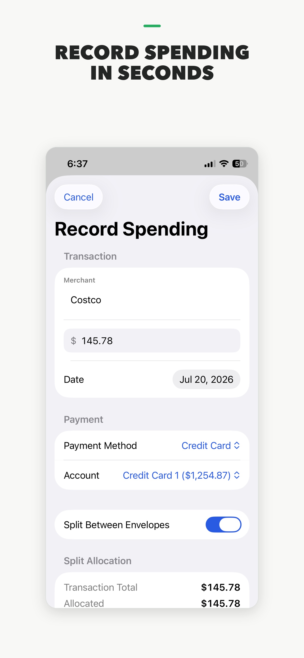 MyStreaksMoney Record Spending screen