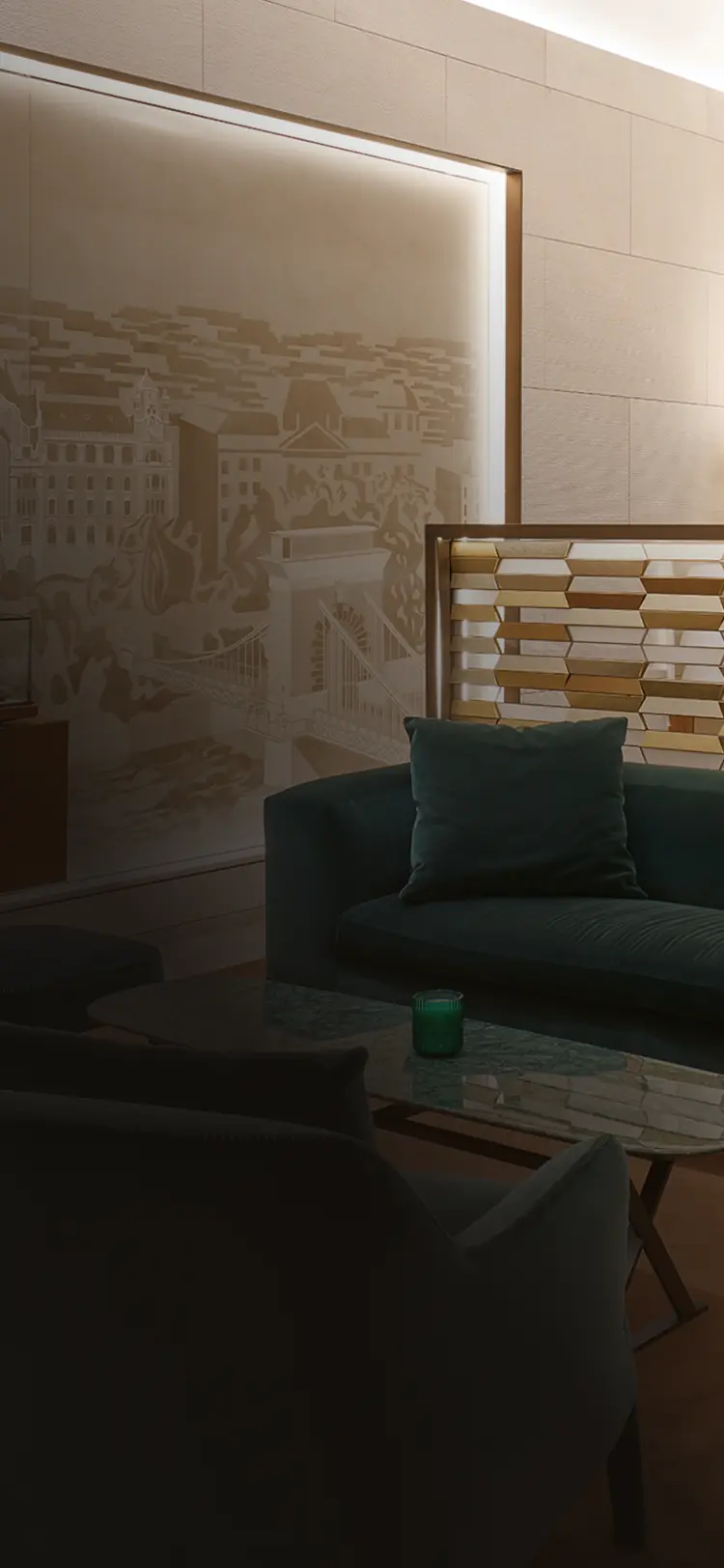 Modern lounge with green sofa, patterned wooden divider, glass coffee table, and cityscape wall art.