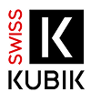 Logo with a stylized letter K inside a black square, SWISS in red vertical text, and KUBIK below.