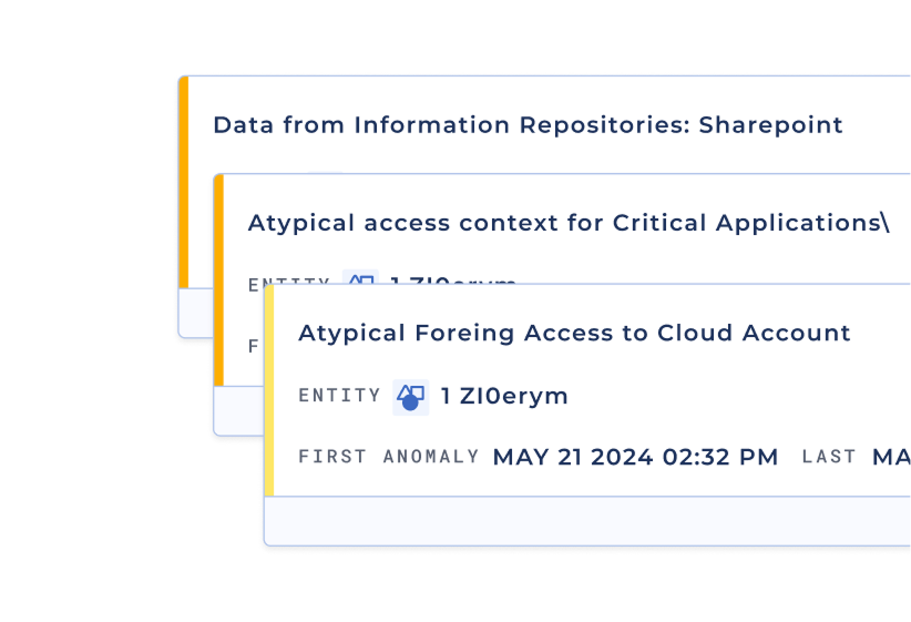 Schede sovrapposte con intestazioni su un contesto di accesso anomalo per applicazioni critiche da Sharepoint, inclusa una scheda evidenziata che cita un accesso anomalo al cloud account con dettagli come entità e data di prima anomalia il 21 maggio 2024 alle 14:32.