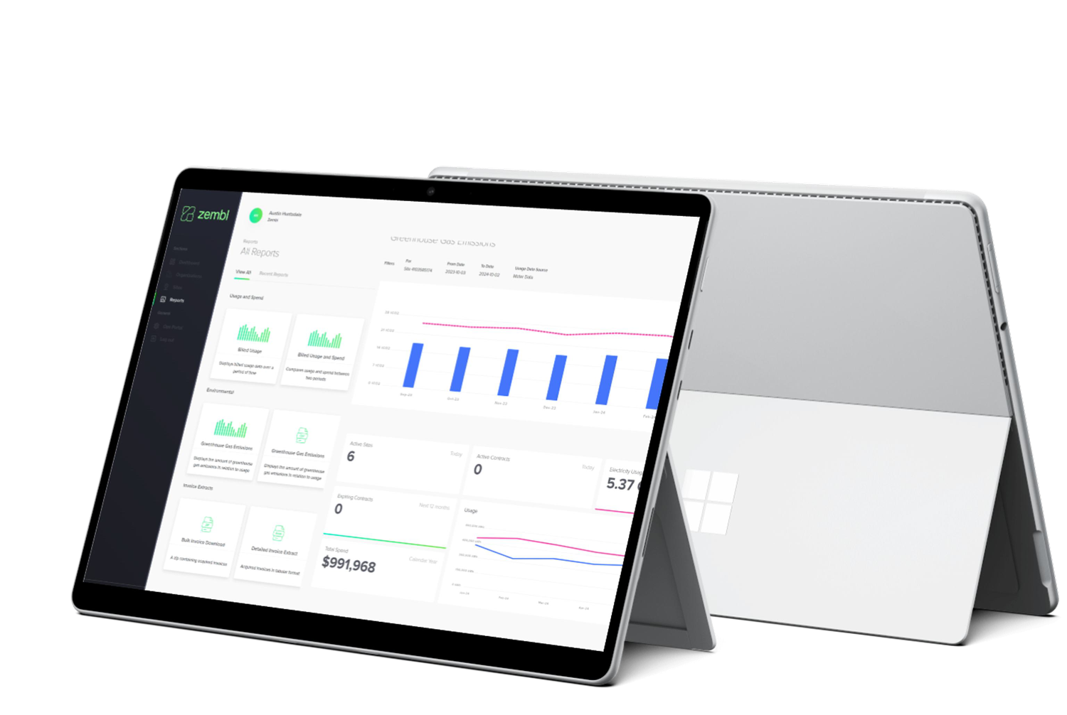Zembl Energy Portal dashboard on a tablet