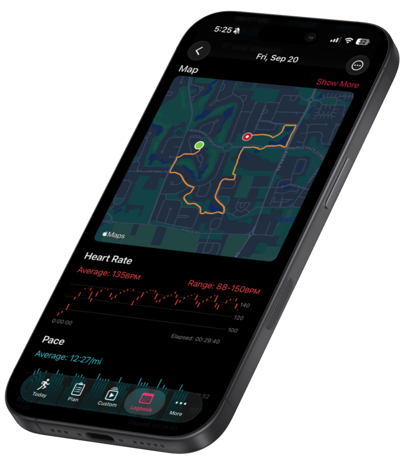 Smartphone showing running map route, heart rate graph averaging 135 BPM, and pace average 12:27 per mile.