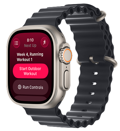 Smartwatch displaying running workout screen with buttons for starting outdoor workout and run controls.
