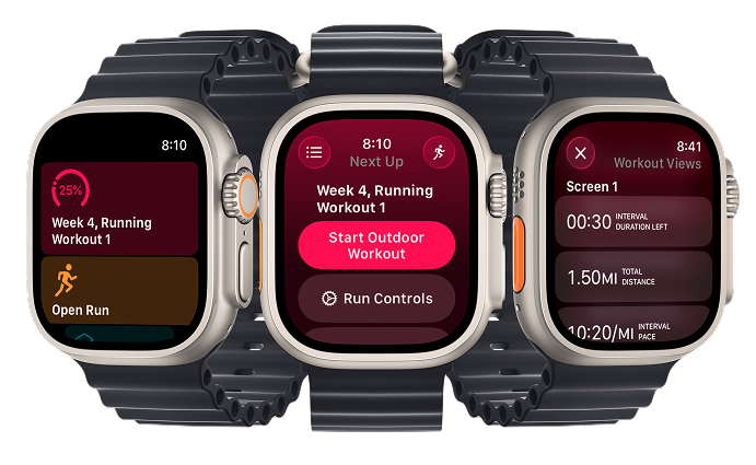 Three smartwatches showing running workout progress and controls with black straps and rounded rectangular faces.