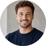 Ein lächelnder Mann mit dunklem Haar in einem dunkelblauen Pullover vor einem neutralen Hintergrund.