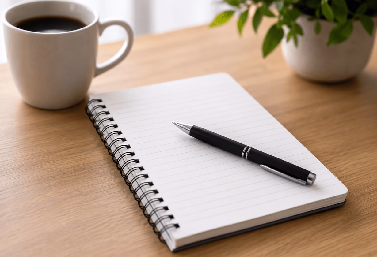 Notizbuch mit Spiralbindung und Stift auf Holztisch, daneben Kaffeetasse und Pflanze.