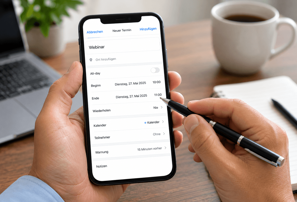 Smartphone zeigt Online-Kalender mit Webinar-Details, gehalten von einer Hand mit Stift neben Laptop und Kaffeetasse.