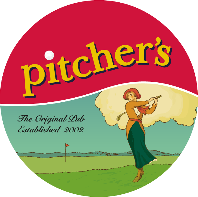 Circular logo with a vintage woman golfer swinging a club on a green field, text reads 'pitcher's' and 'The Original Pub Established 2002'.