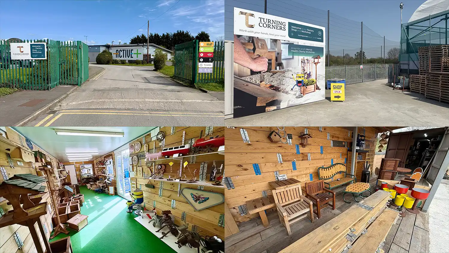 Four images showing the entrance and items for sale at the Turning Corners Factory Shop and Workshop in Hull