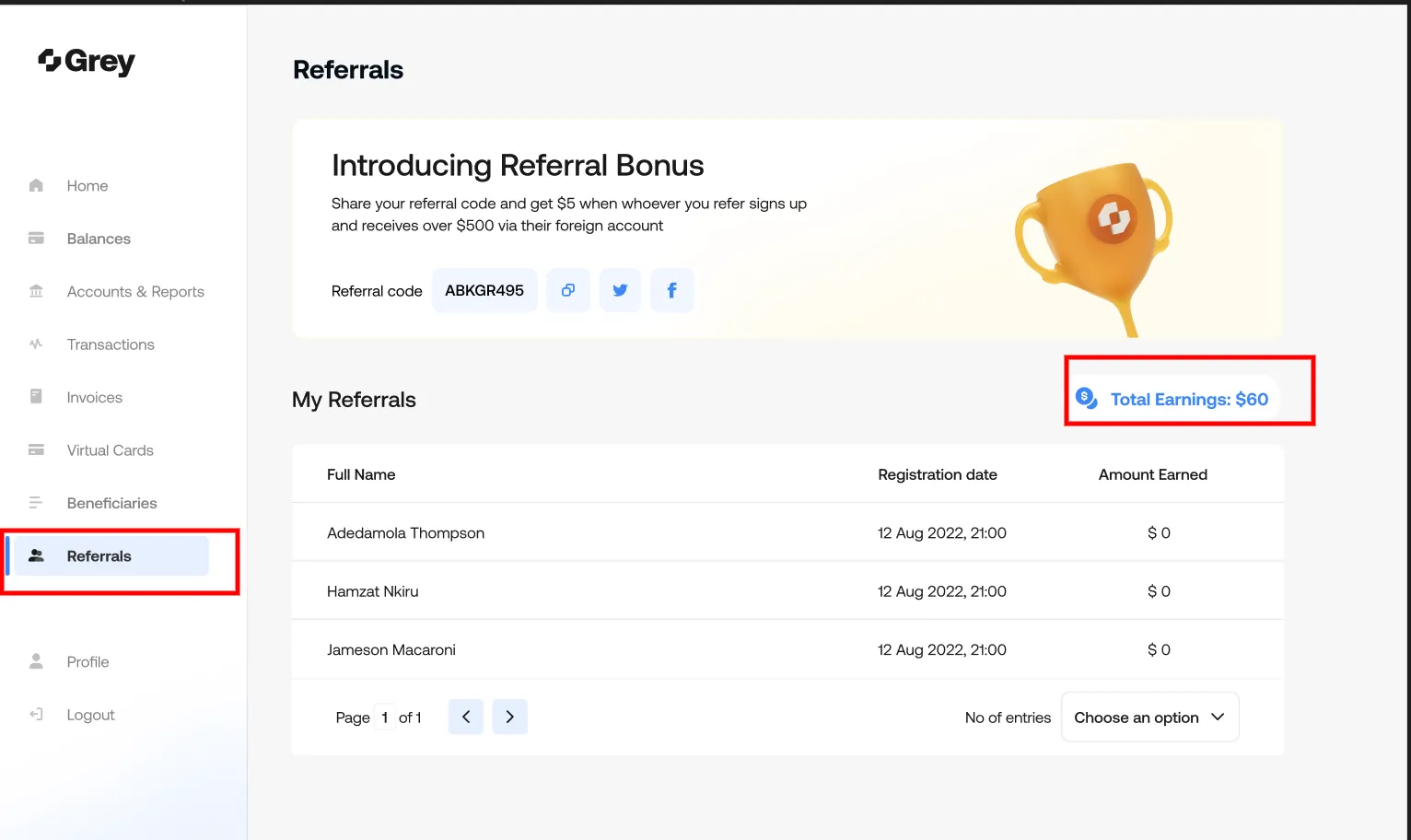 Grey referral dashboard web