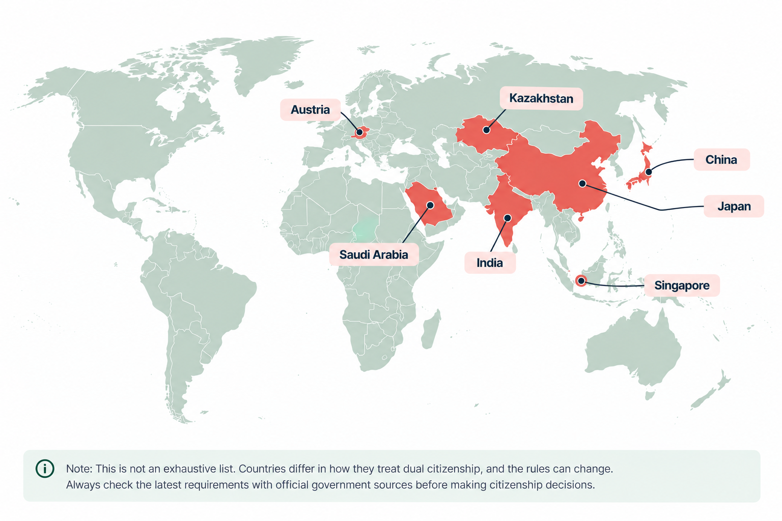 Map marking countries that restrict dual citizenship.